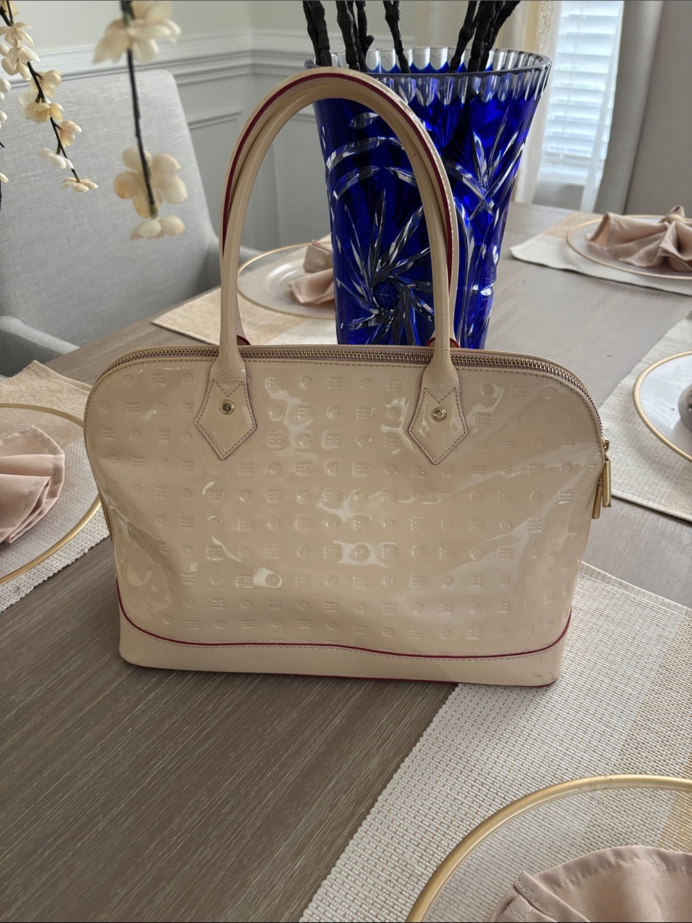 Arcadia Cream Patent Satchel with Red Trim